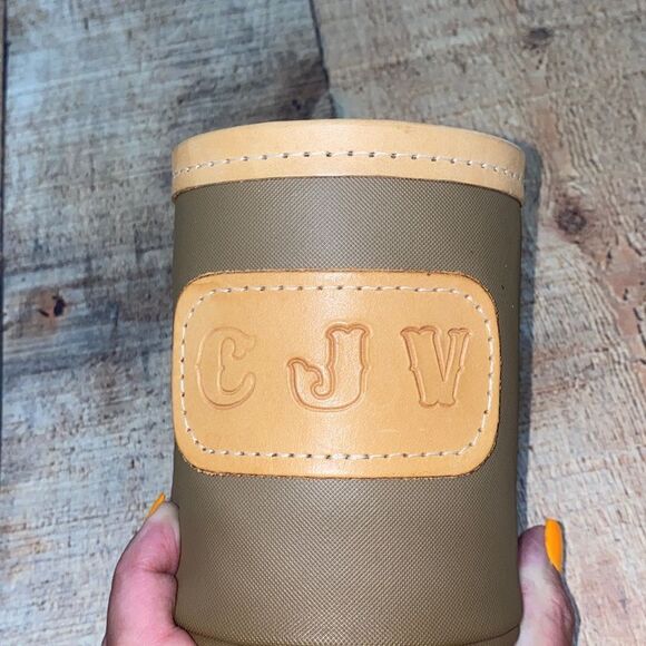 JON HART COOL IT KOOZIE INSULATED COLD DRINK HOLDER “CJV” Tan Leather Trim - Picture 13 of 13